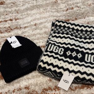 UGG Black Beanie and Black & White Patterned Scarf